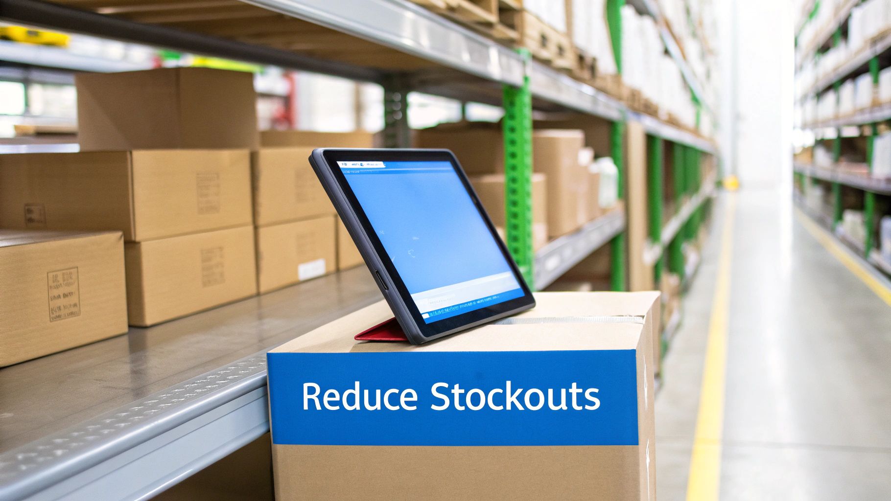A small business owner smiling as she checks inventory levels on her tablet, with product shelves in the background.