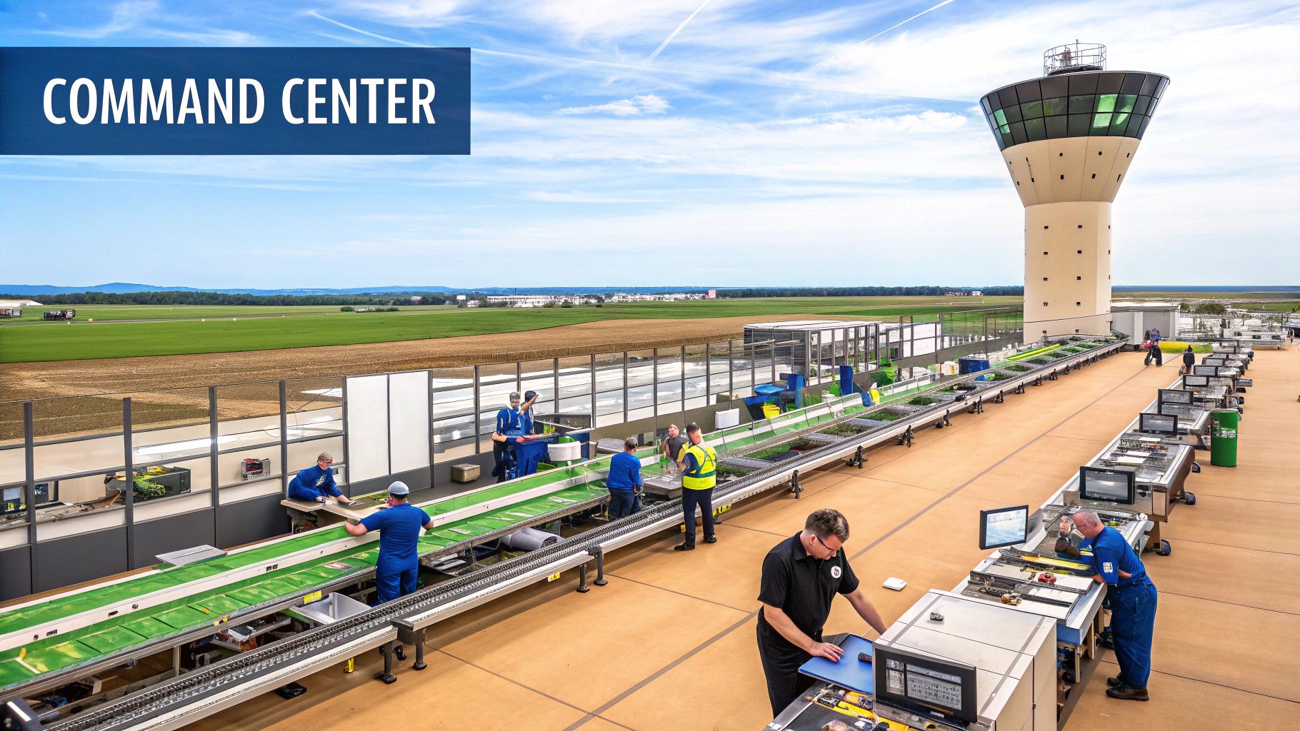A modern factory floor with workers interacting with digital tablets and machinery, symbolizing efficient manufacturing order management.