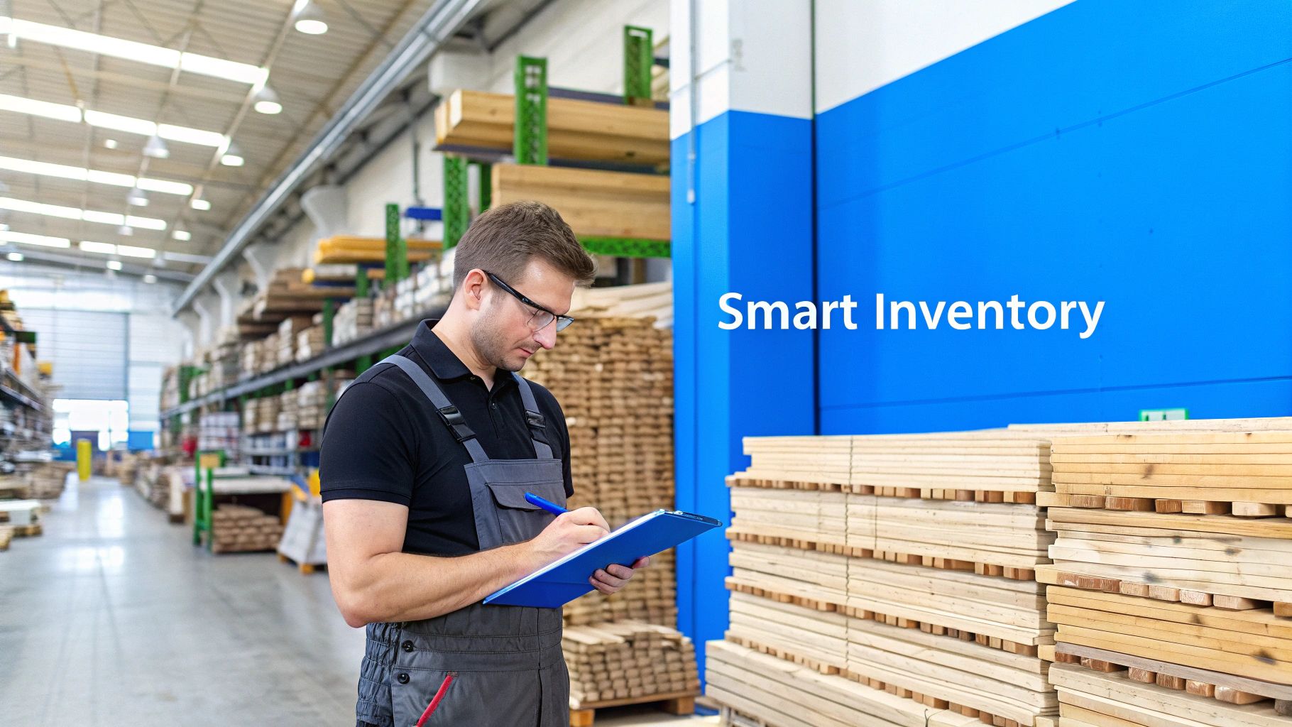 A man in overalls and glasses takes notes on a clipboard in a warehouse with stacked wood and shelves, with "Smart Inventory" on a blue wall.