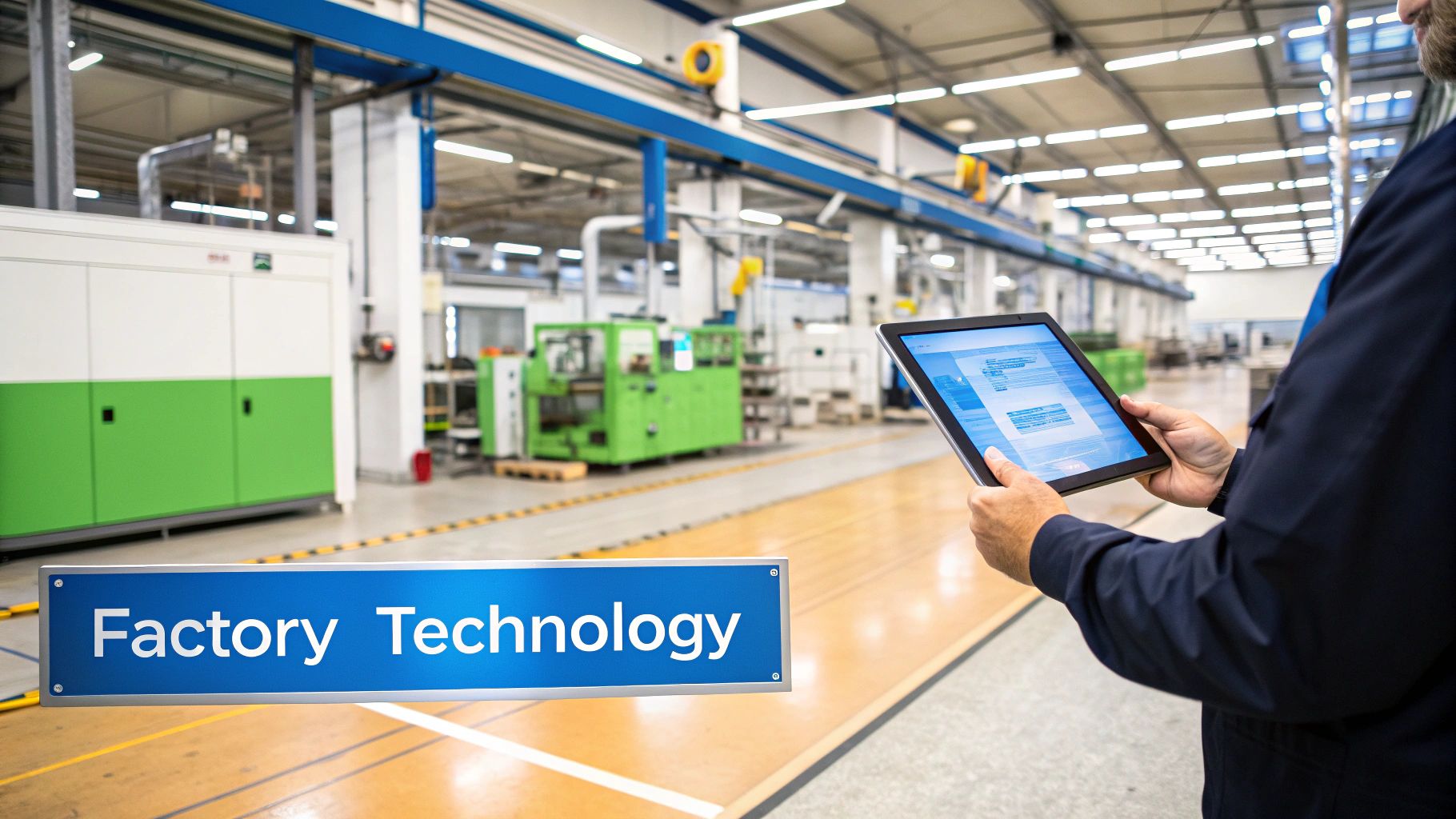 A modern factory floor showing workers interacting with digital interfaces on machinery.