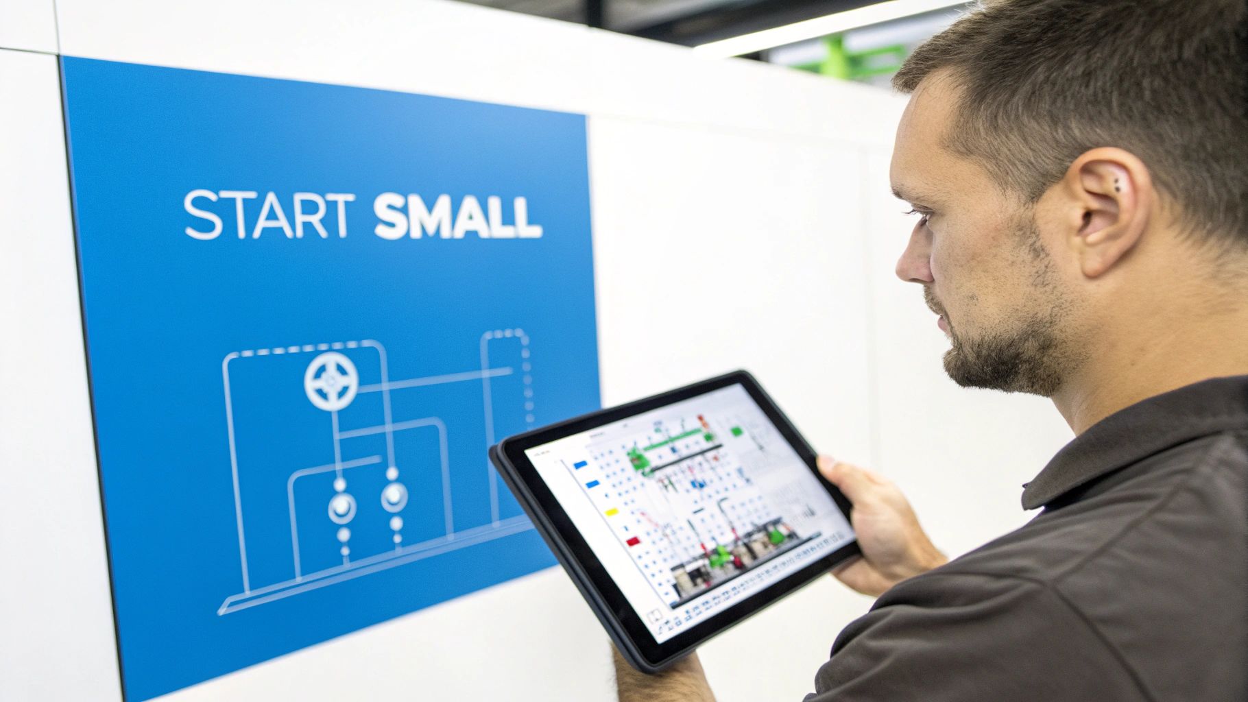 A strategic roadmap for automation laid out on a blueprint in a factory setting