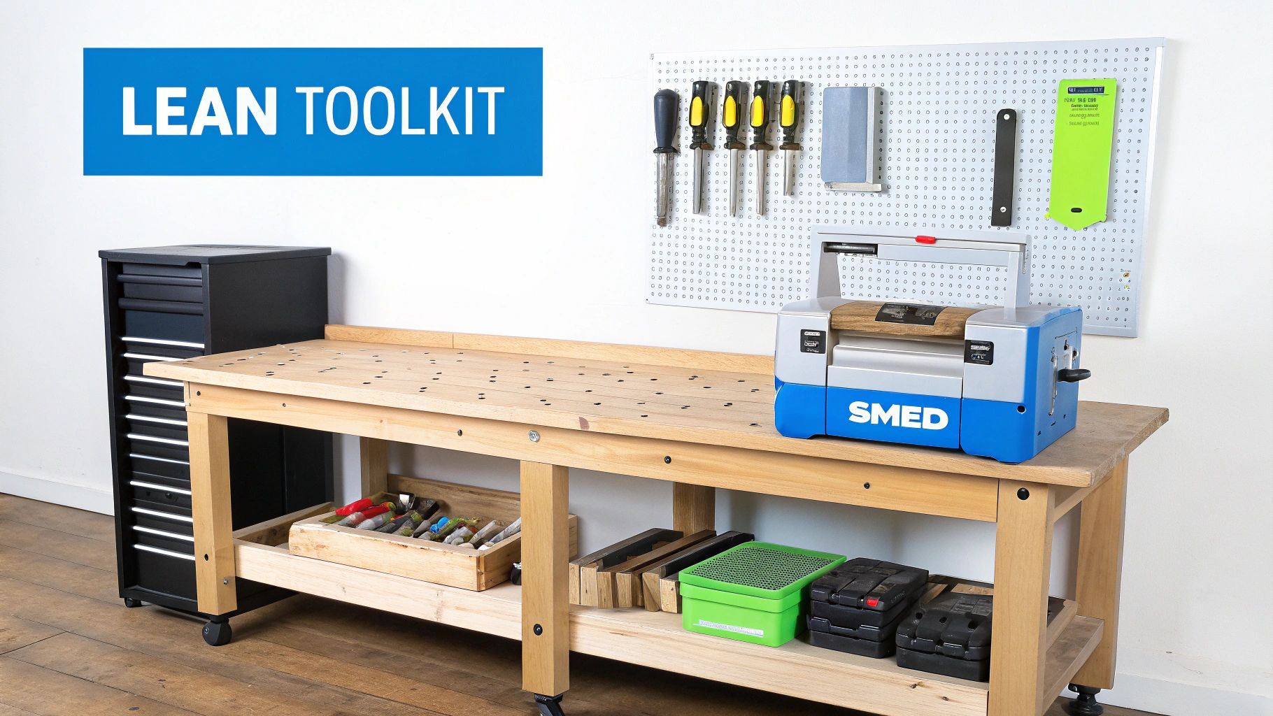 A workshop setup featuring a workbench, tool chest, pegboard with tools, and a SMED machine, promoting a lean toolkit.
