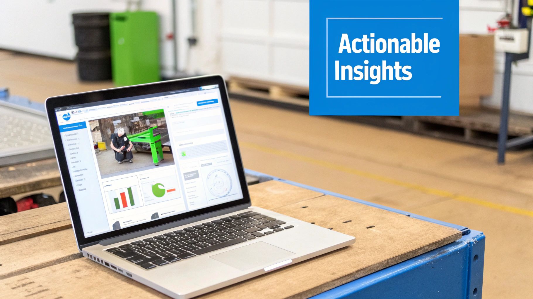A laptop on a workbench displaying a dashboard with data, graphs, and images in an industrial setting, with "Actionable Insights" overlay.