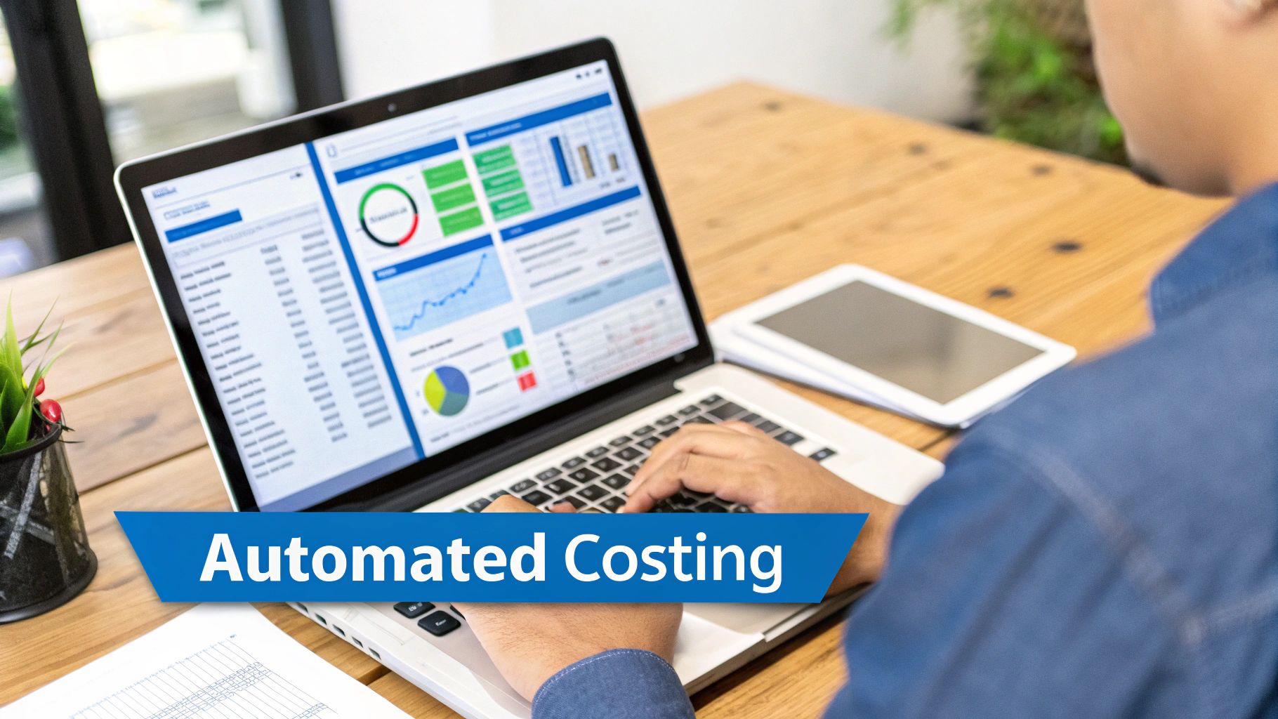Professional reviewing automated costing dashboard with charts and graphs on laptop computer