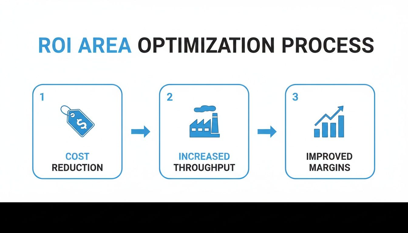 Process flow diagram illustrating ROI area optimization steps: cost reduction, increased throughput, and improved margins.