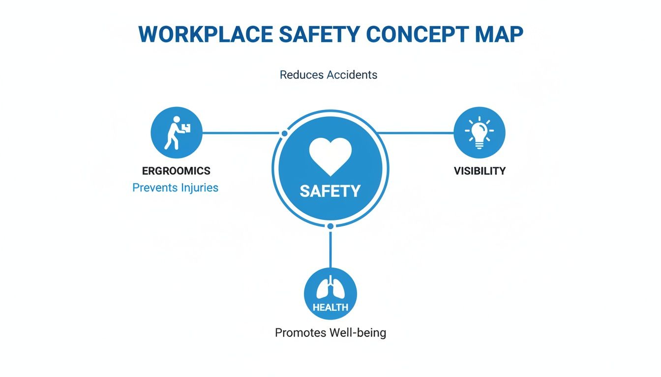 A workplace safety concept map illustrating safety linked to ergonomics, visibility, and health.