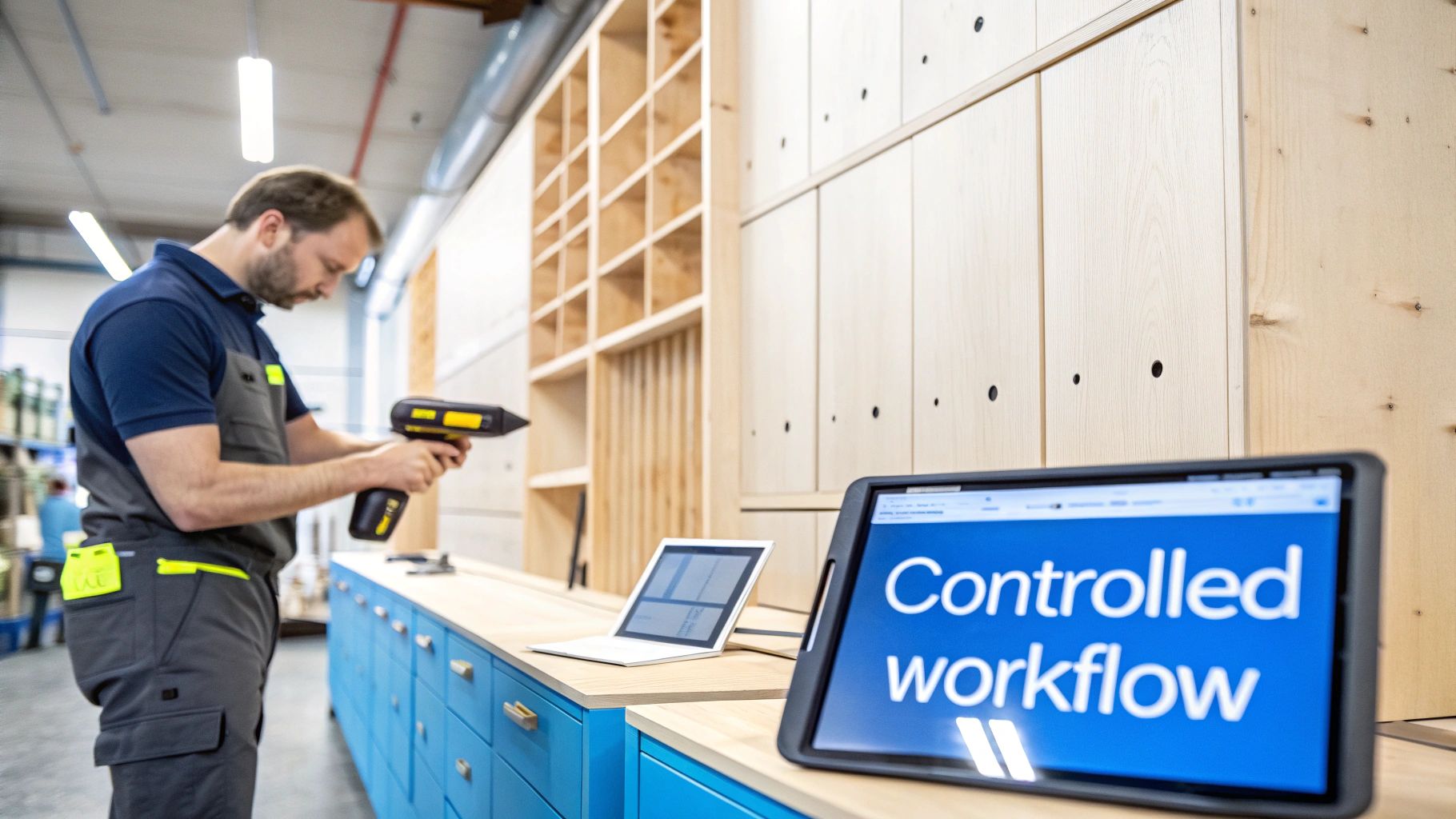 A man scans items in a workshop with a barcode scanner, a laptop and tablet display 'Controlled workflow'.