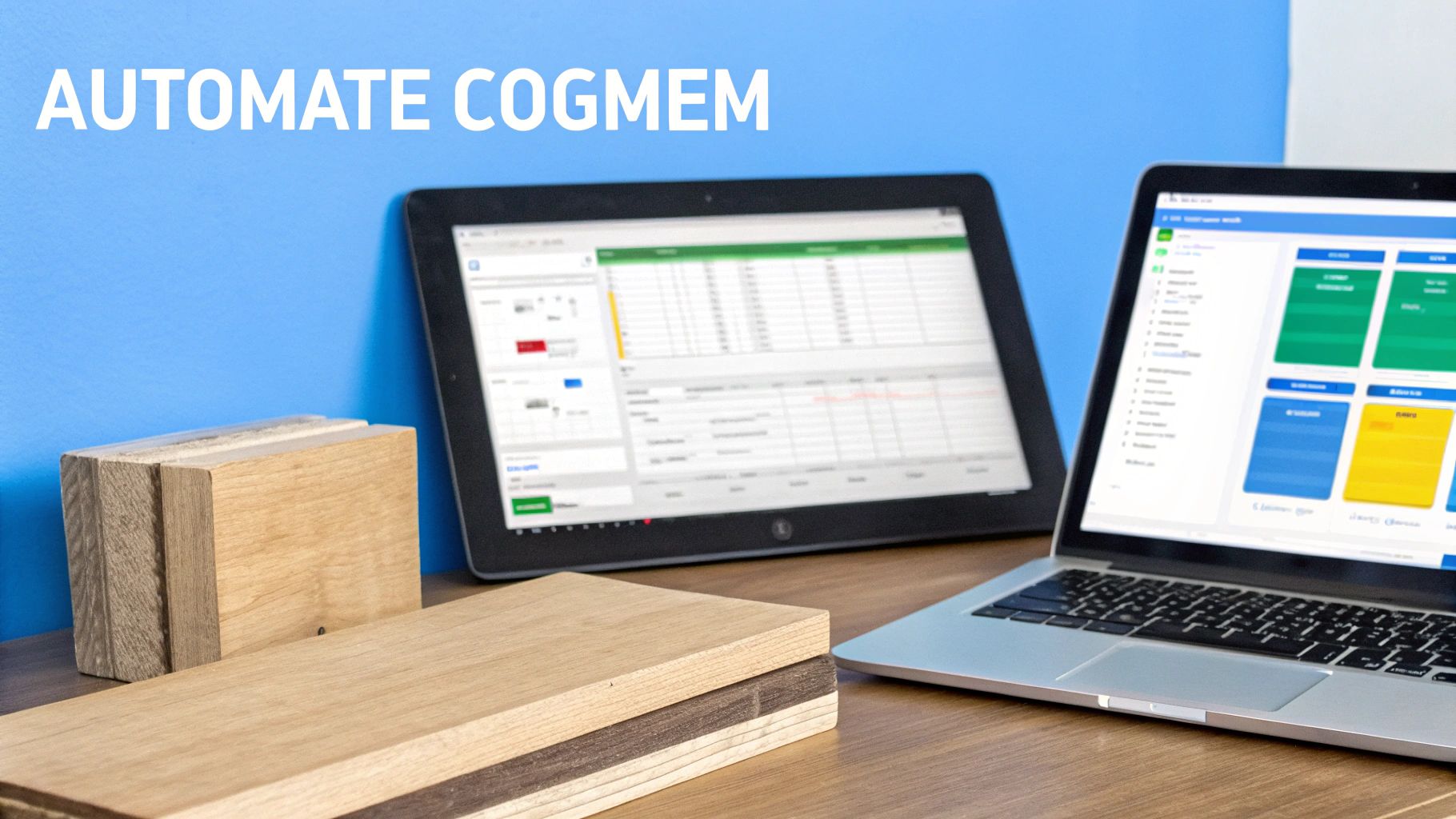 A workspace featuring a laptop and tablet displaying business software, with wooden blocks and 'AUTOMATE COGMEM' text.