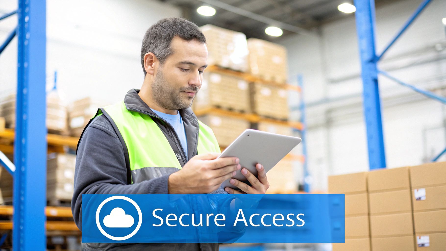 A digital lock icon overlaid on a workshop blueprint, representing secure data.