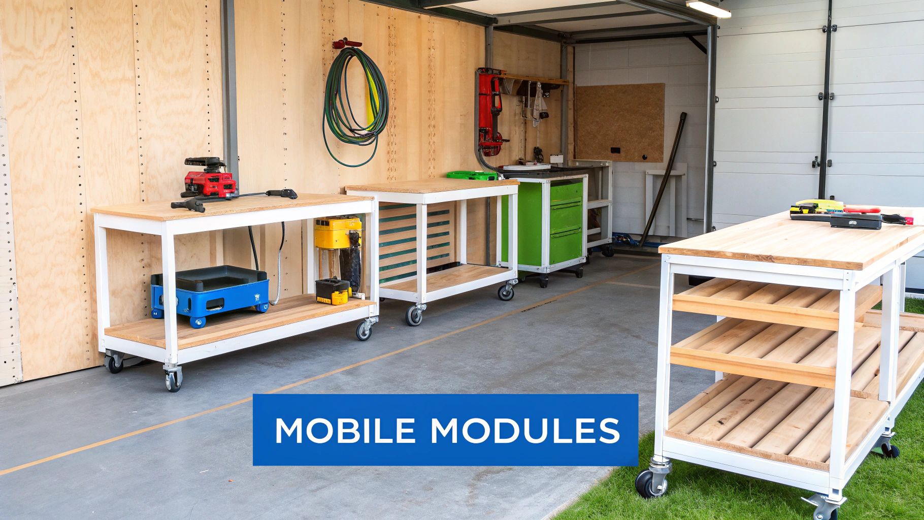 A clean workshop with several mobile wooden workbenches and tool carts, demonstrating flexible layout ideas.