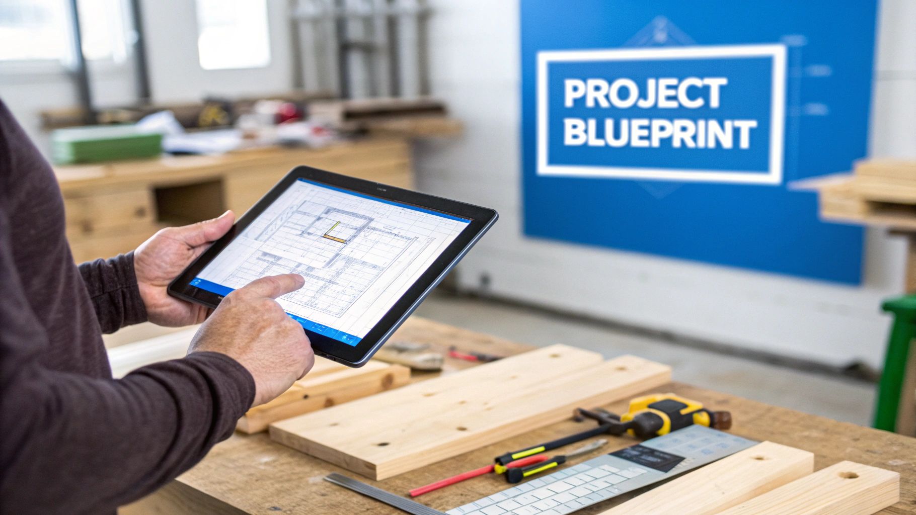 Person reviewing construction blueprints on a tablet, surrounded by tools and wood.