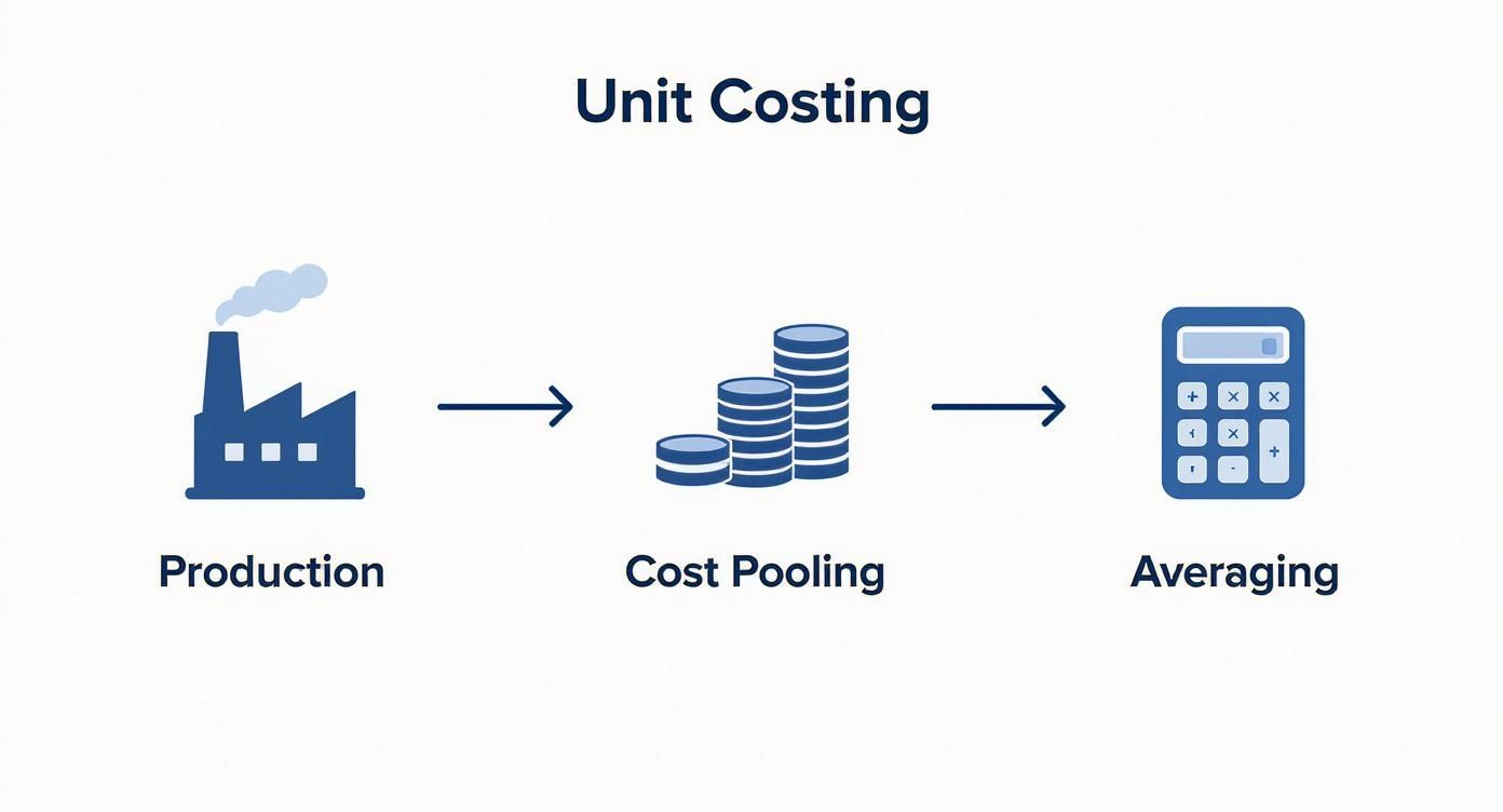 Unit costing process diagram showing production factory leading to cost pooling then calculator for averaging