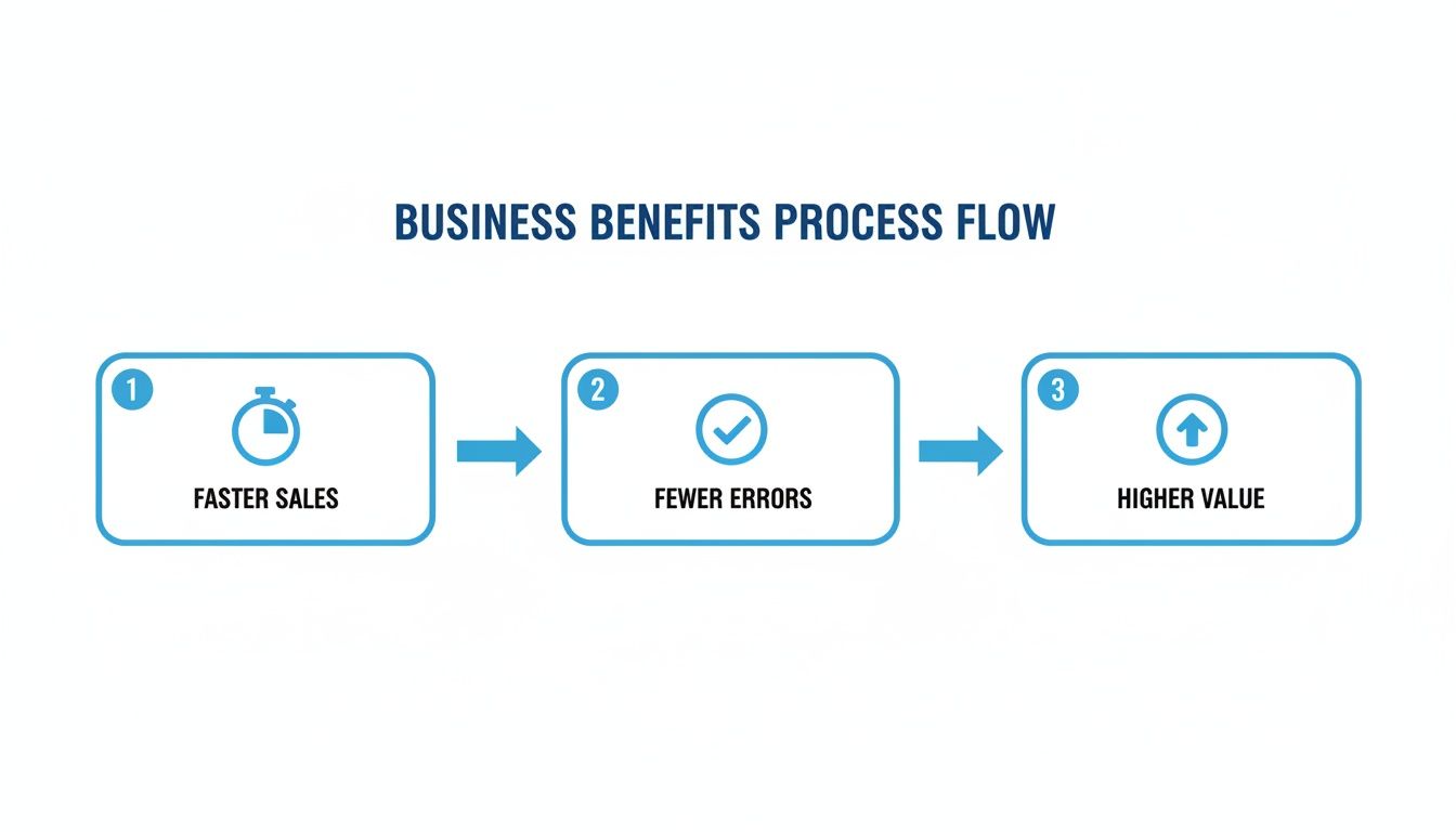 A business benefits process flow chart shows faster sales, fewer errors, and higher value.