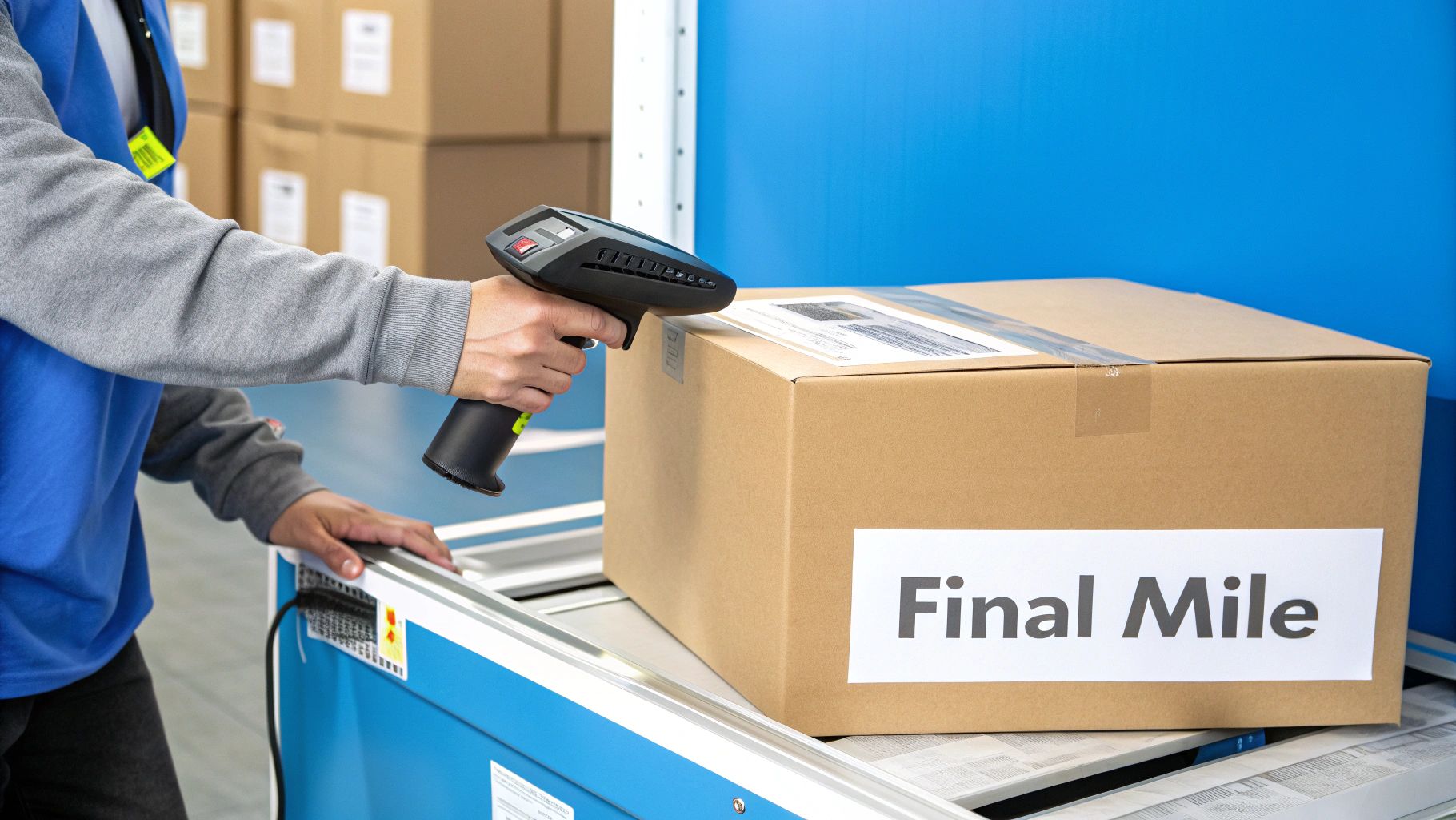 Worker scanning a 'Final Mile' package on an automated conveyor in a logistics facility.