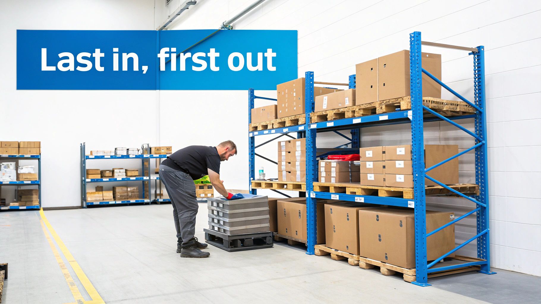 A worker stacks items in a warehouse with blue shelving and boxes, next to a "Last in, first out" sign.
