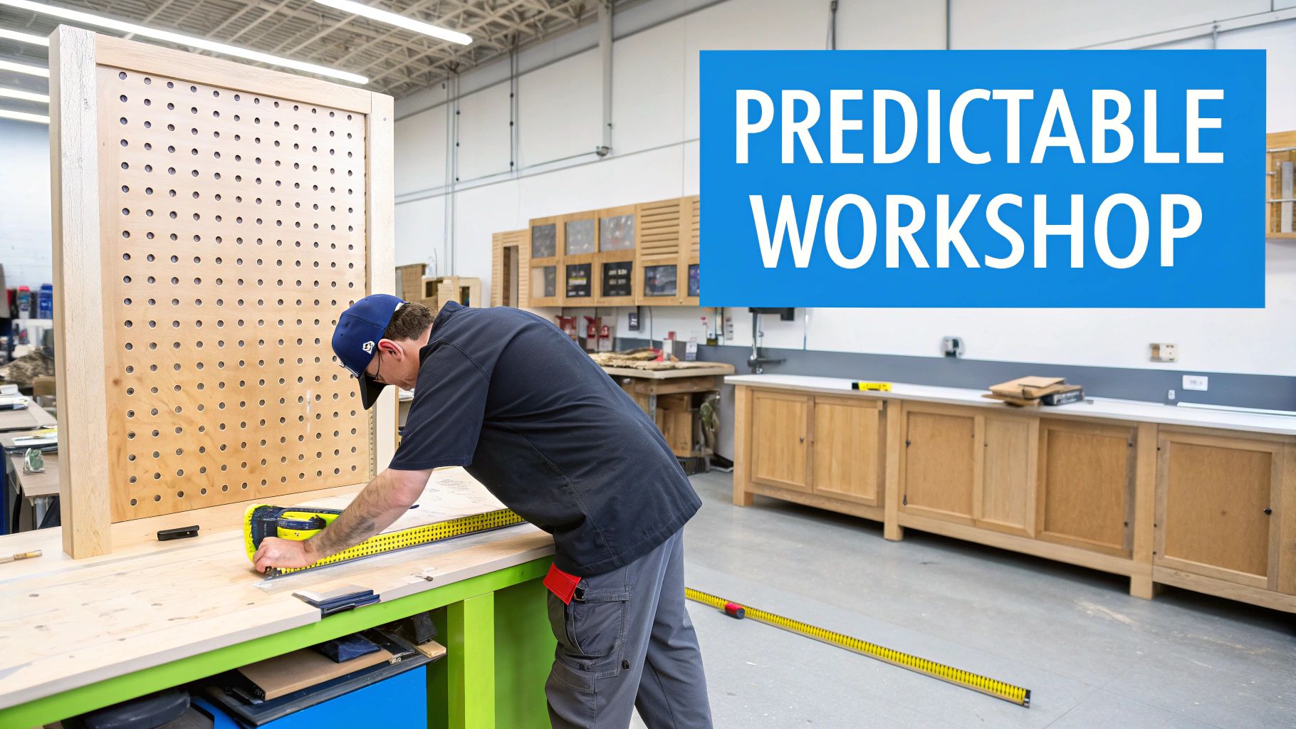 A man measures wood on a workbench in a bright workshop with a large pegboard and cabinets.