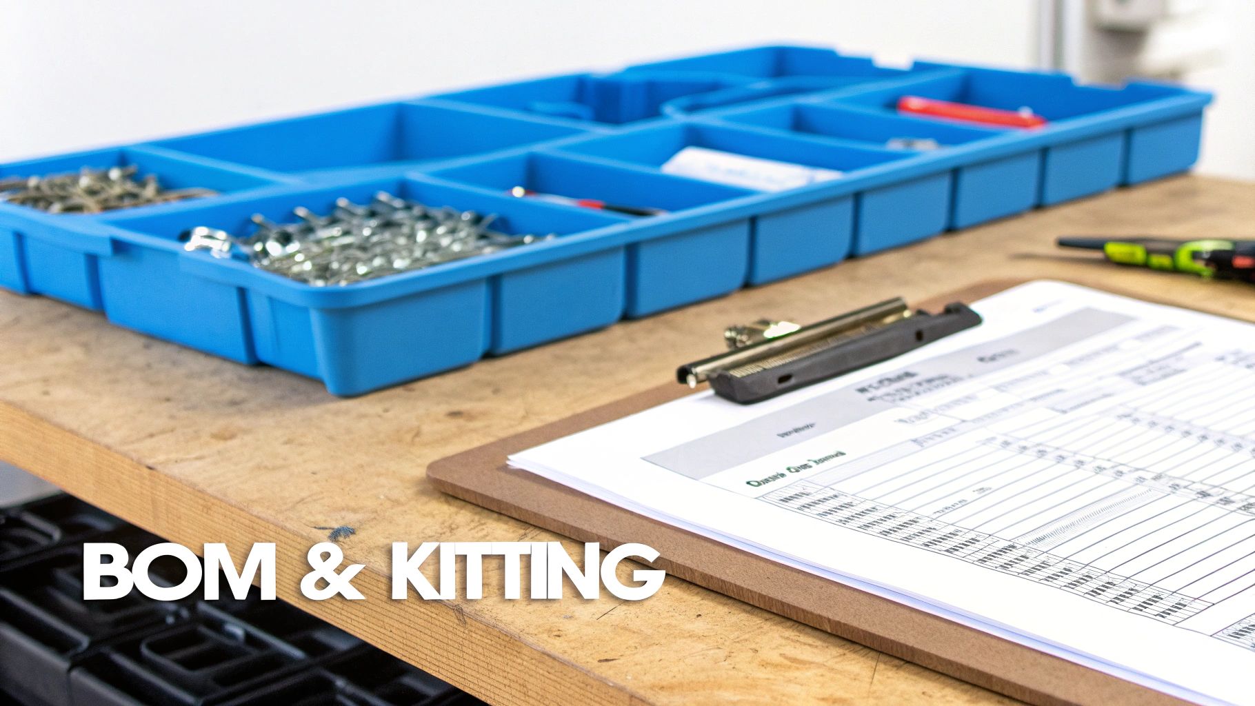 A blue parts bin, a checklist on a clipboard, and tools on a workbench, signifying BOM and kitting.