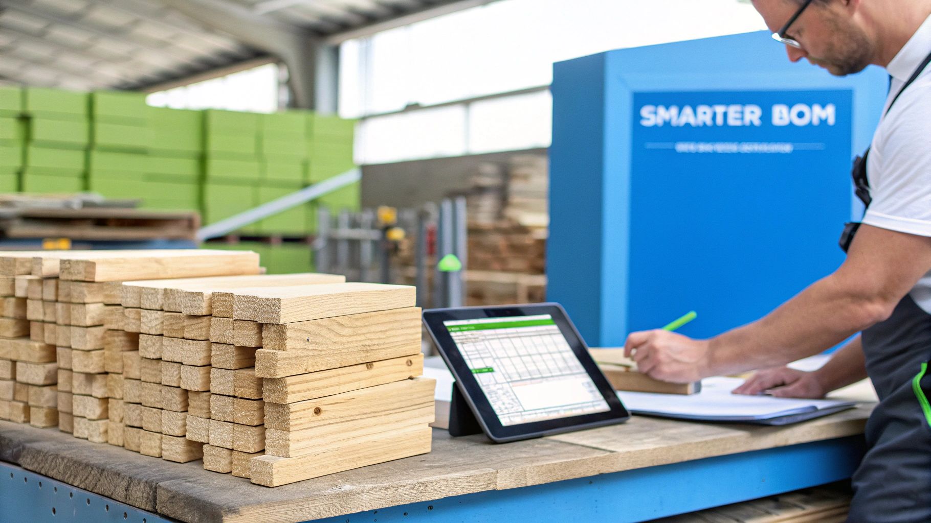 A woodworker carefully reviewing a bill of materials template on a tablet in a busy workshop.