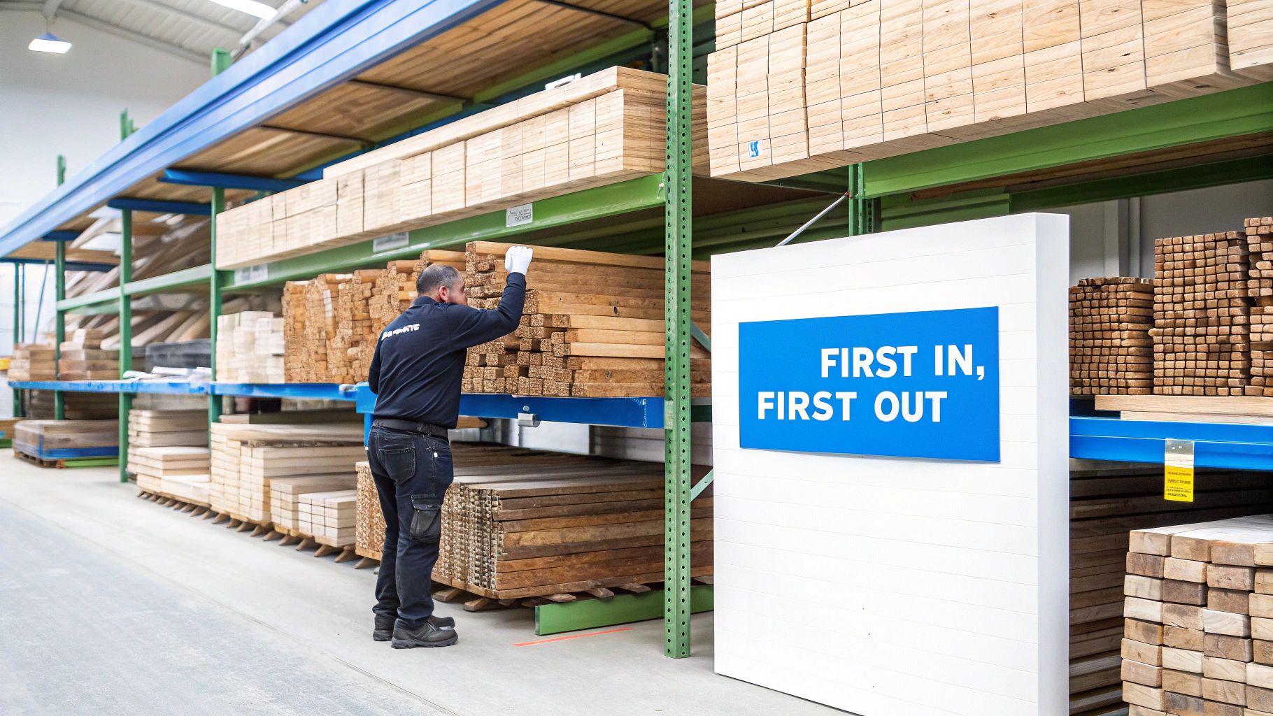 Worker handling wooden planks on shelves in a warehouse with a "First In, First Out" sign.