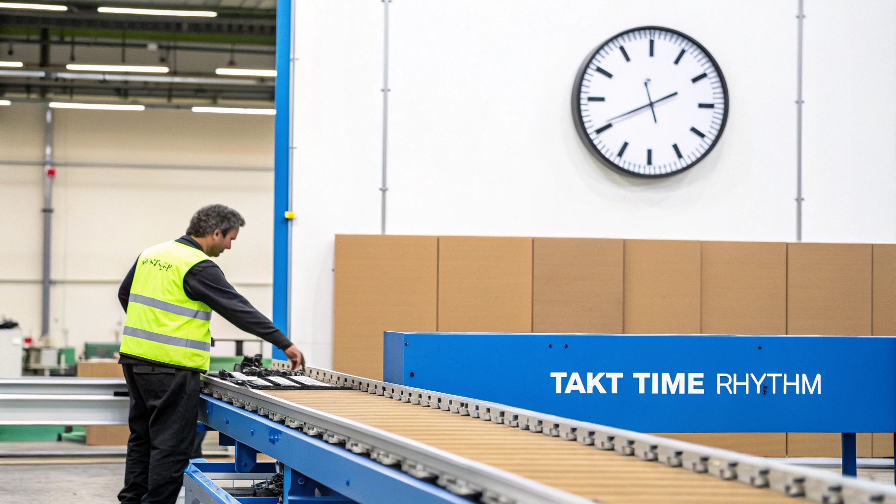 Factory worker in a safety vest places items on a conveyor belt, with a 'TAKT TIME RHYTHM' sign visible.