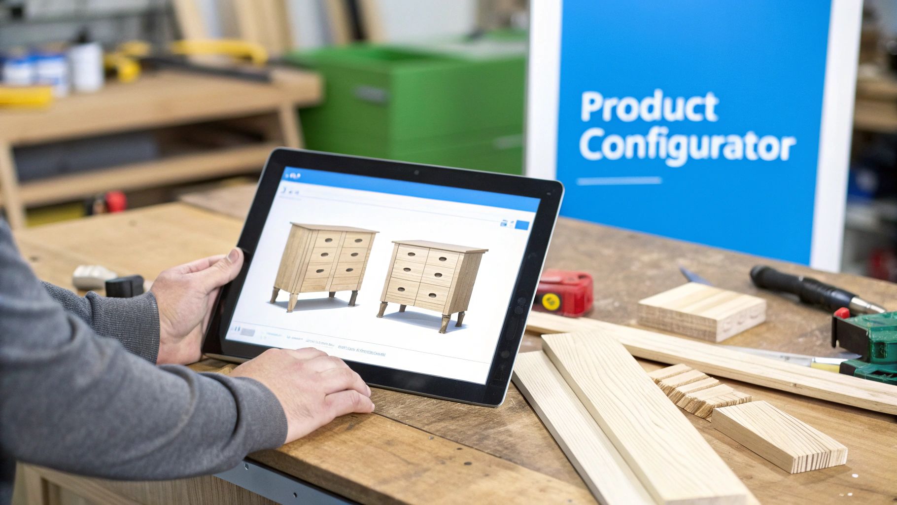 A person uses a tablet displaying different wooden dresser designs on a workbench with woodworking tools.
