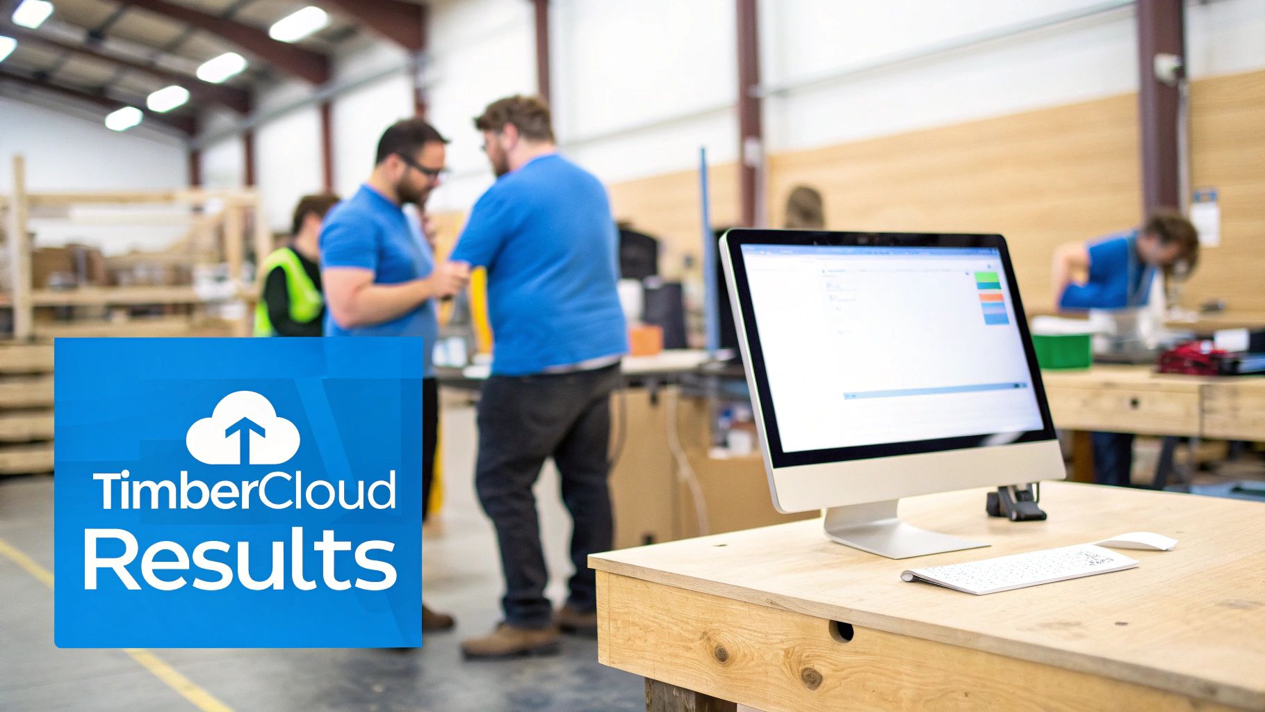 A computer screen displaying 'TimberCloud Results' software in a busy industrial workshop environment.