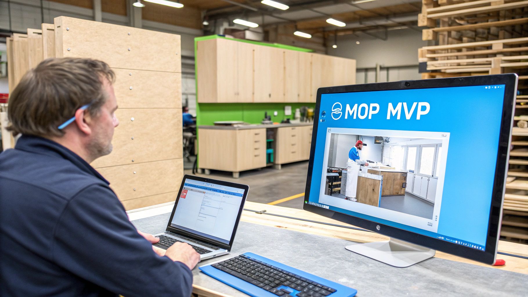 Man working on a laptop and monitor, overseeing kitchen cabinet design and production in a workshop.
