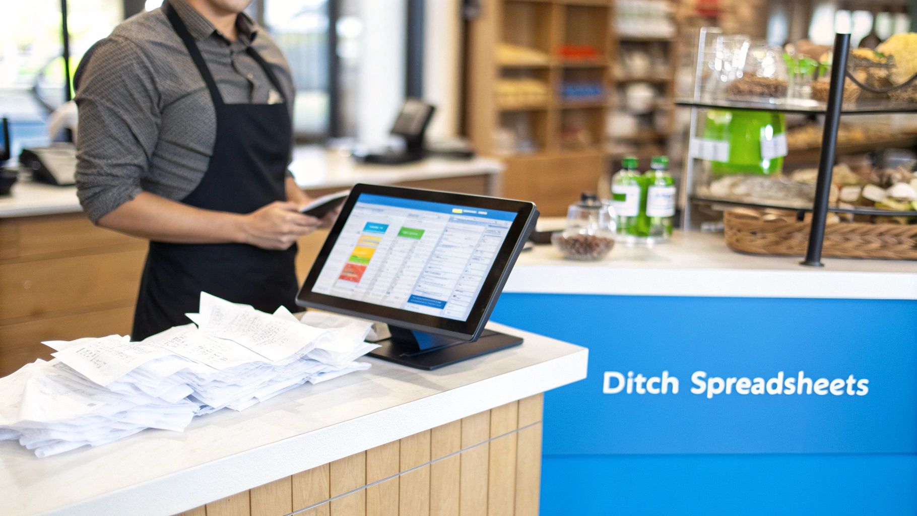 Warehouse worker using a tablet to scan boxes and manage inventory