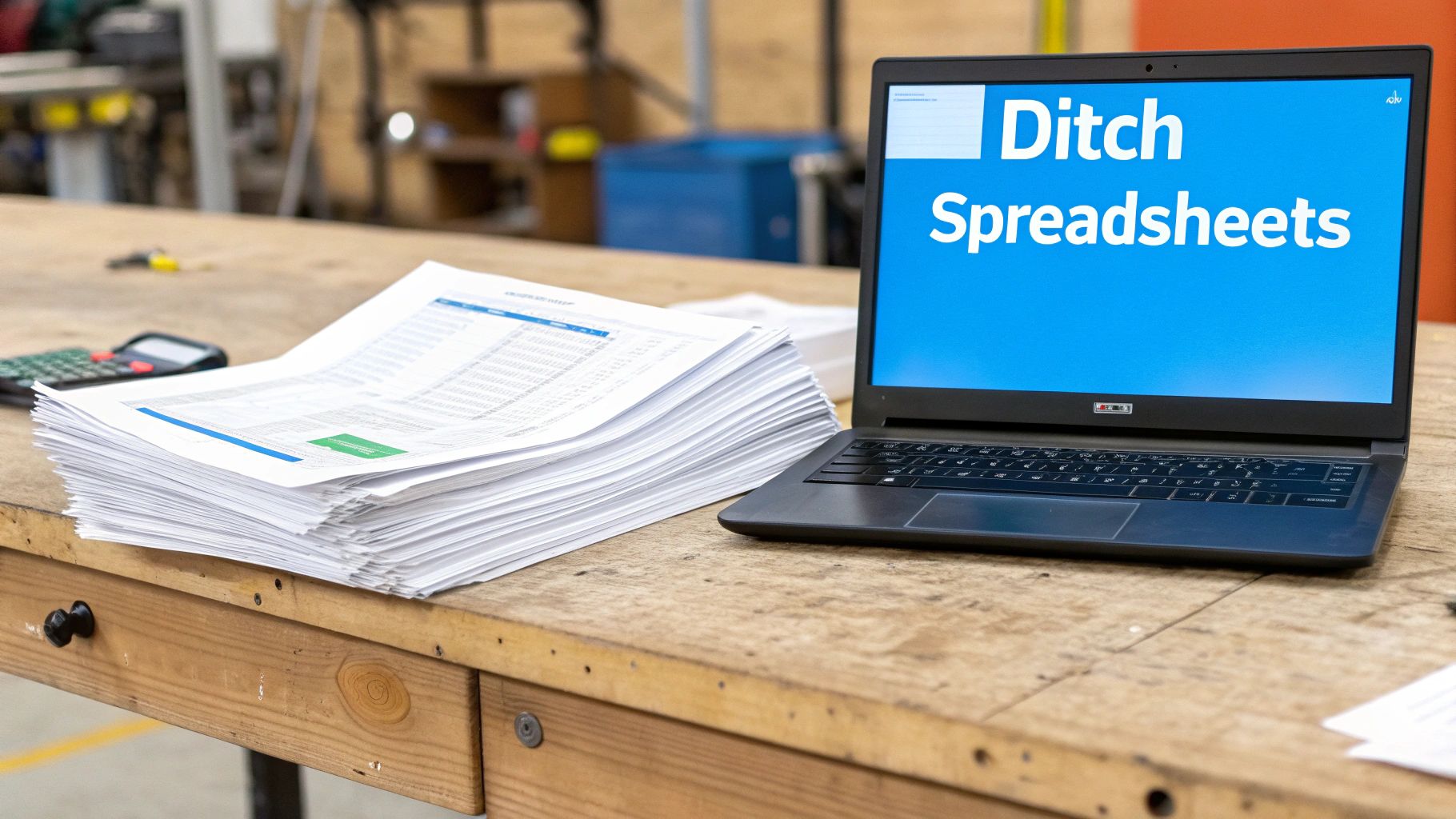 Laptop displays 'Ditch Spreadsheets' next to a tall stack of printed papers and a calculator on a workbench.