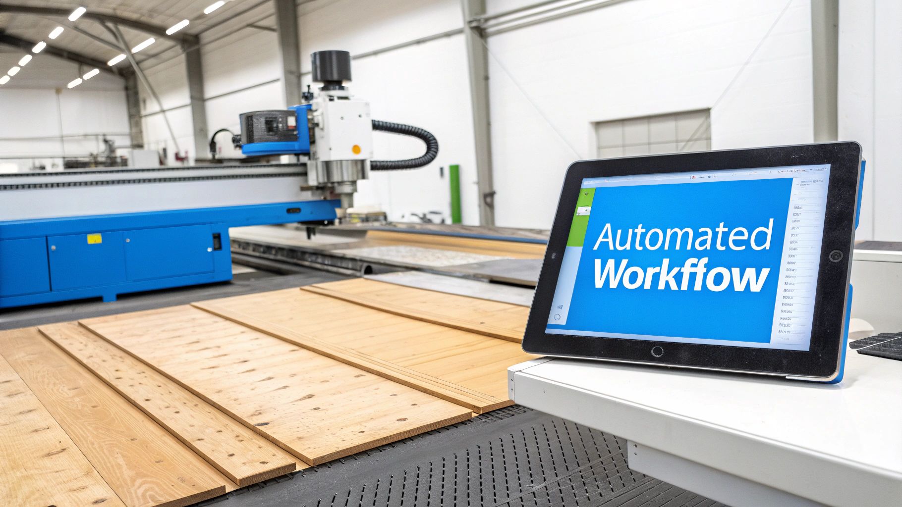 Industrial CNC machine cutting wood planks, with a tablet showing 'Automated Workflow' software.