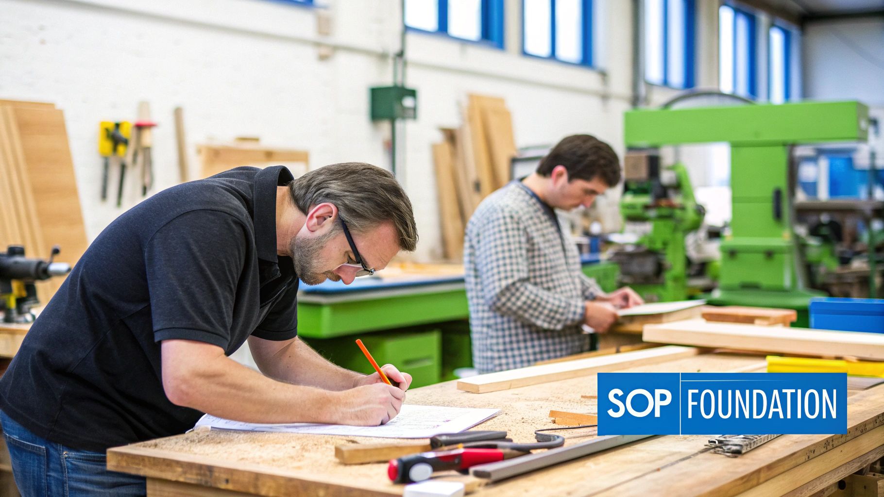 Two workers reviewing documents and writing notes at woodworking workshop table with tools