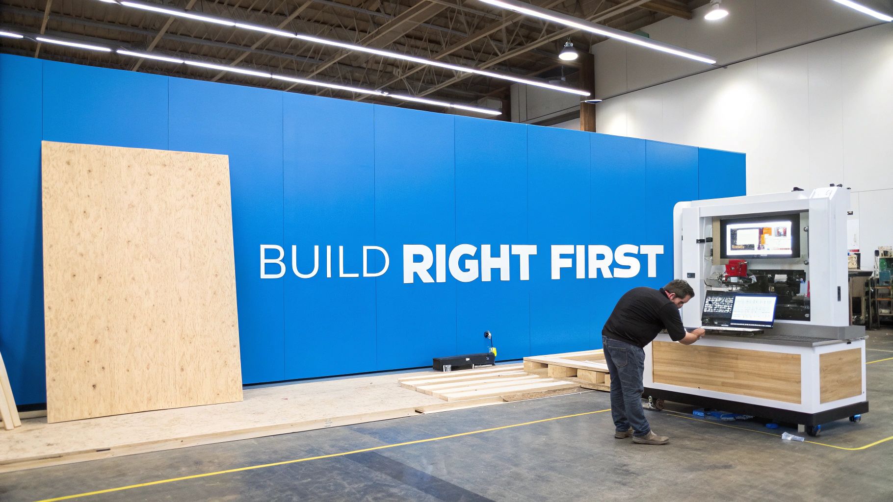 A man operates a machine with a laptop in a modern manufacturing workshop, next to a blue wall that reads 'BUILD RIGHT FIRST'.