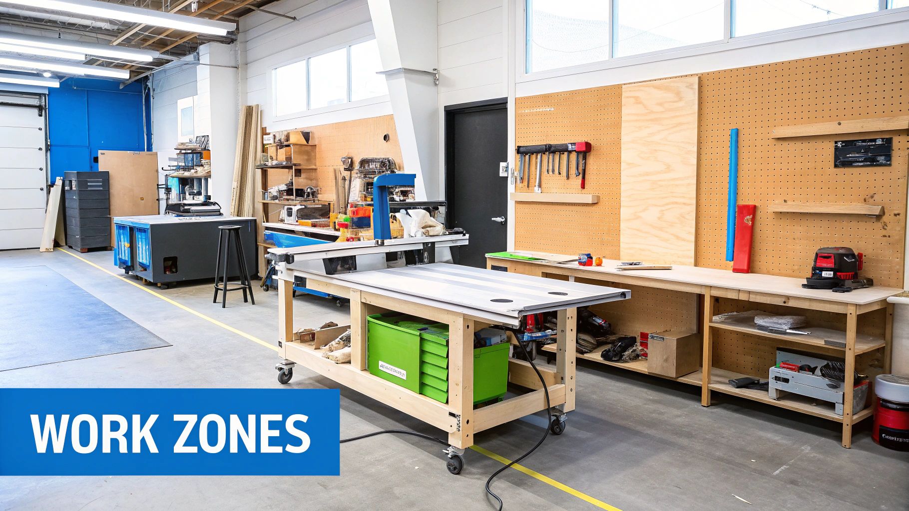 A well-lit, organized woodworking shop with multiple workbenches, tools, and storage areas, highlighting different work zones.