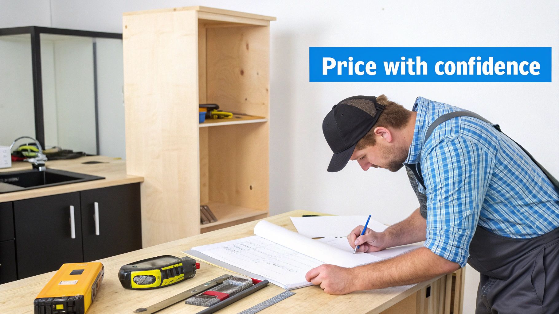 A carpenter reviewing plans in a workshop with tools and a wooden cabinet.