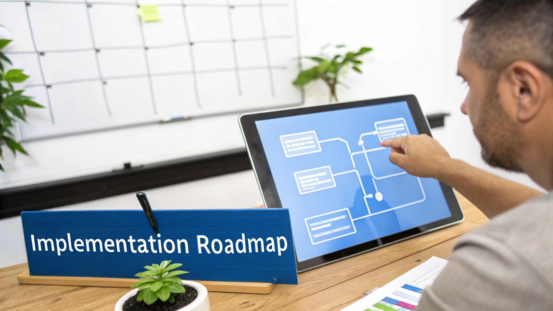A person drawing a strategic roadmap on a whiteboard