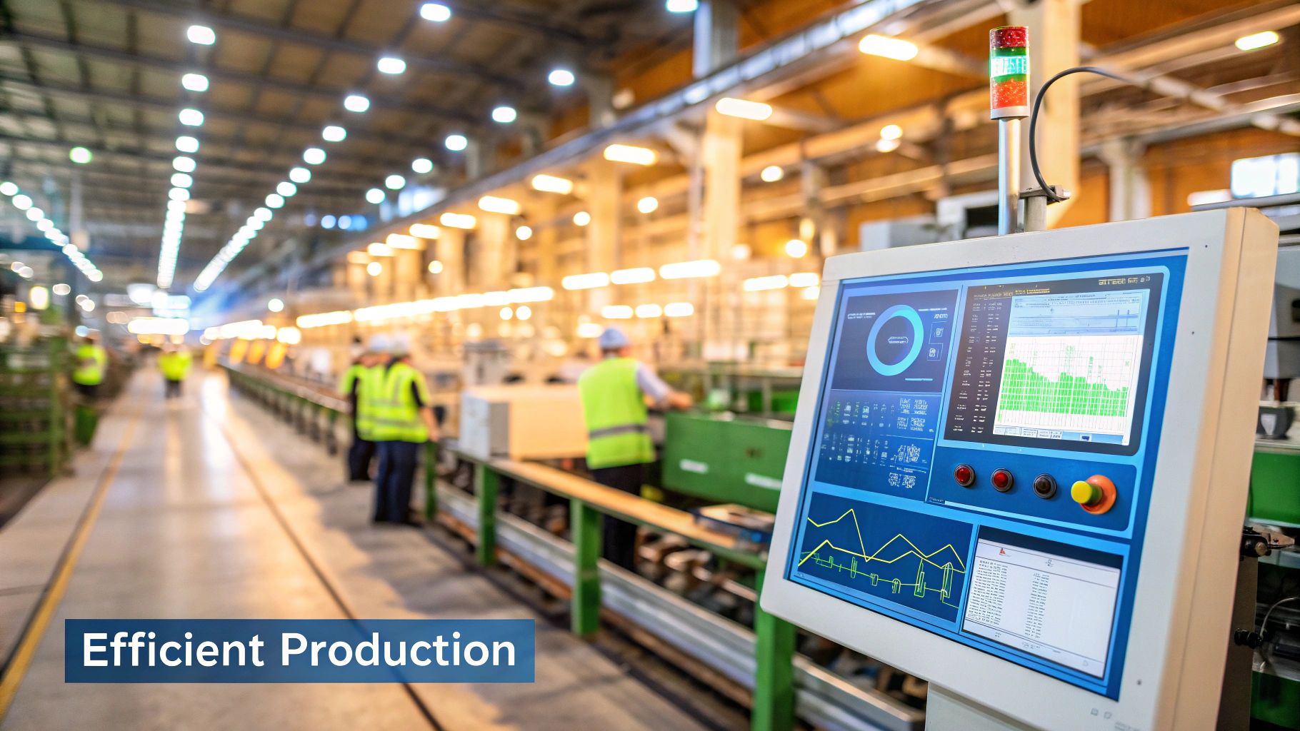 A digital dashboard showing real-time manufacturing analytics and KPIs on a tablet.