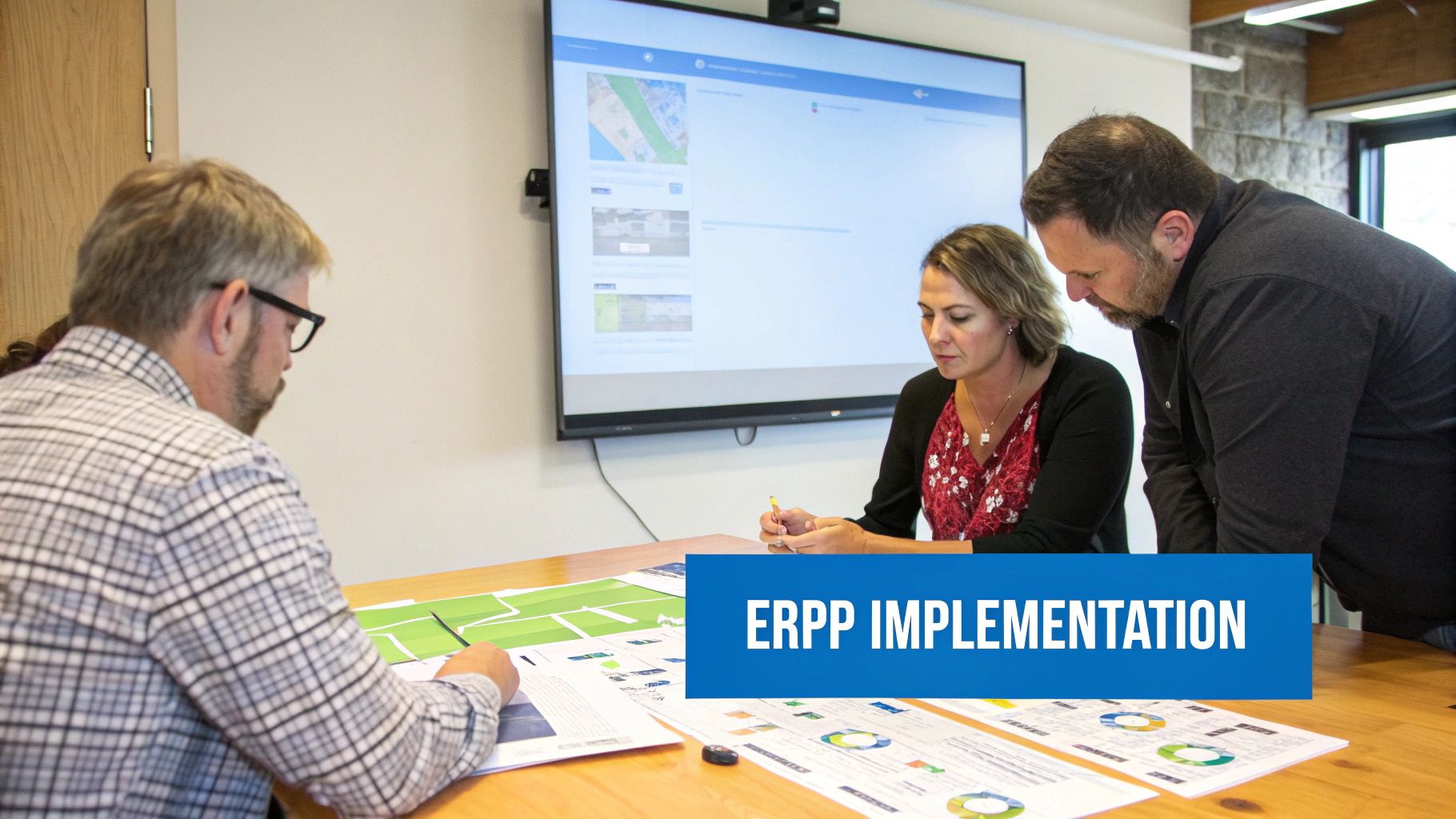 A team of professionals collaborating on an ERP implementation plan around a table.