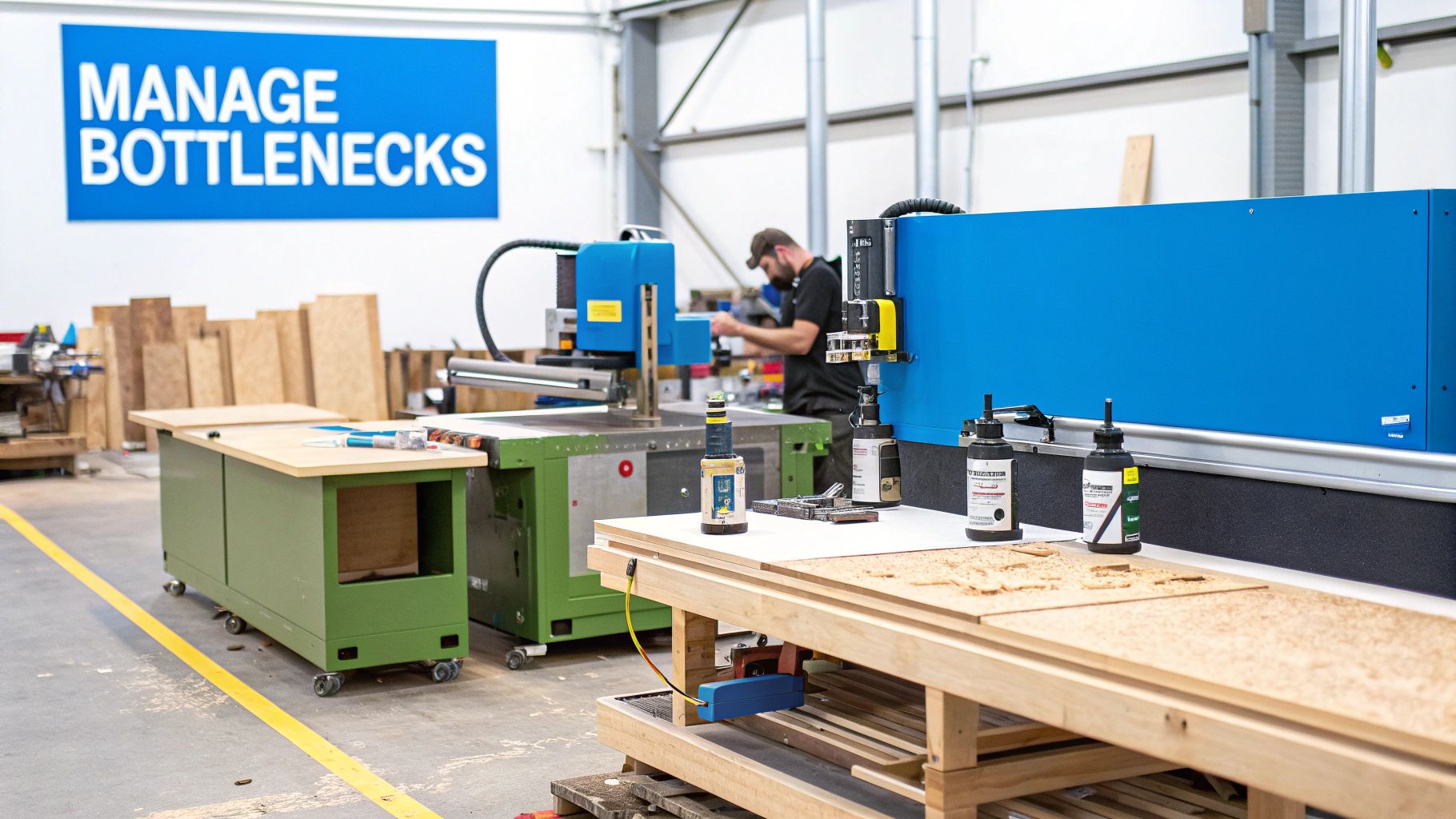 A factory floor with machines, wood materials, and a worker under a 'MANAGE BOTTLENECKS' sign.
