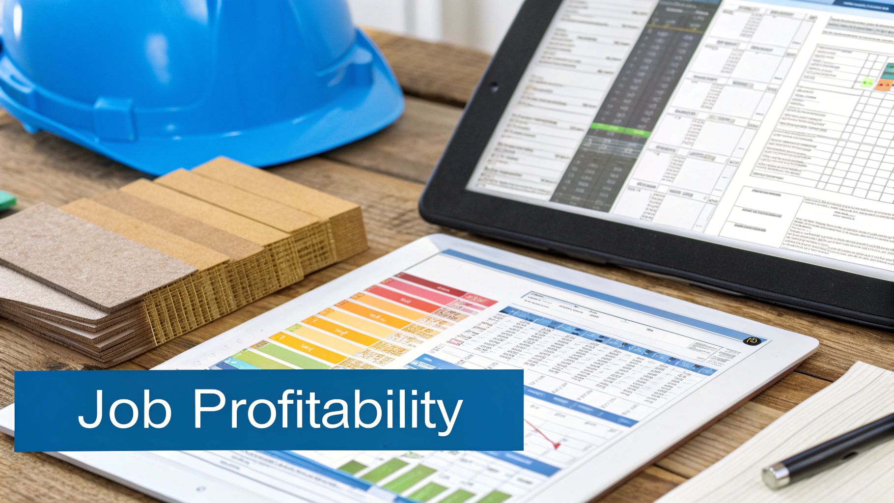 Construction job profitability analysis with digital tablet displaying spreadsheets, charts, material samples and hard hat
