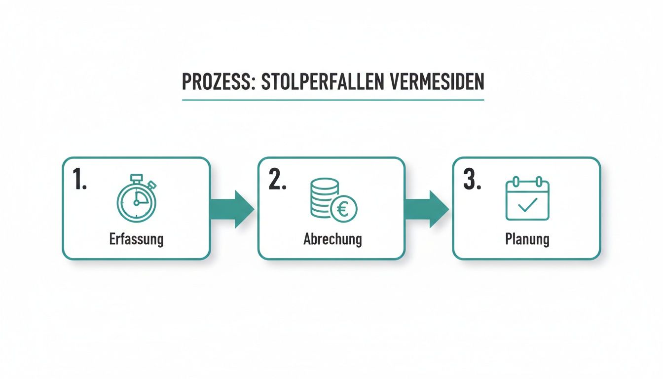 Ein dreistufiges Prozessdiagramm zum Vermeiden von Stolperfallen: Erfassung, Abrechnung und Planung, jeweils mit passenden Icons.
