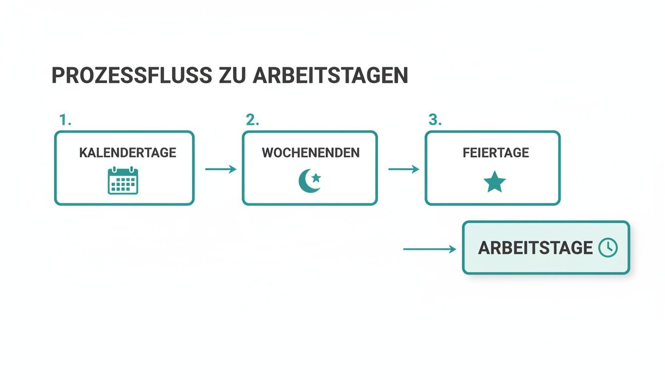 Prozessfluss-Diagramm zur Berechnung von Arbeitstagen. Kalendertage führen über Wochenenden und Feiertage zu den Arbeitstagen.