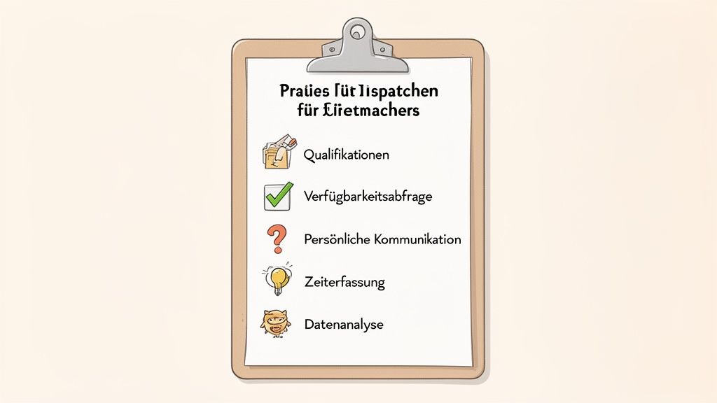Checkliste auf einem Klemmbrett mit Praxistipps für Disponenten zur Einsatzplanung, inklusive Qualifikationen und Datenanalyse.