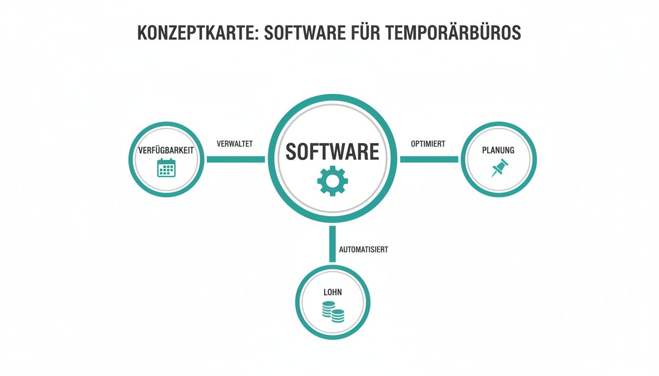 Konzeptkarte zur Software für Temporärbüros, die zeigt, wie sie Verfügbarkeit, Planung und Lohn verwaltet und optimiert.