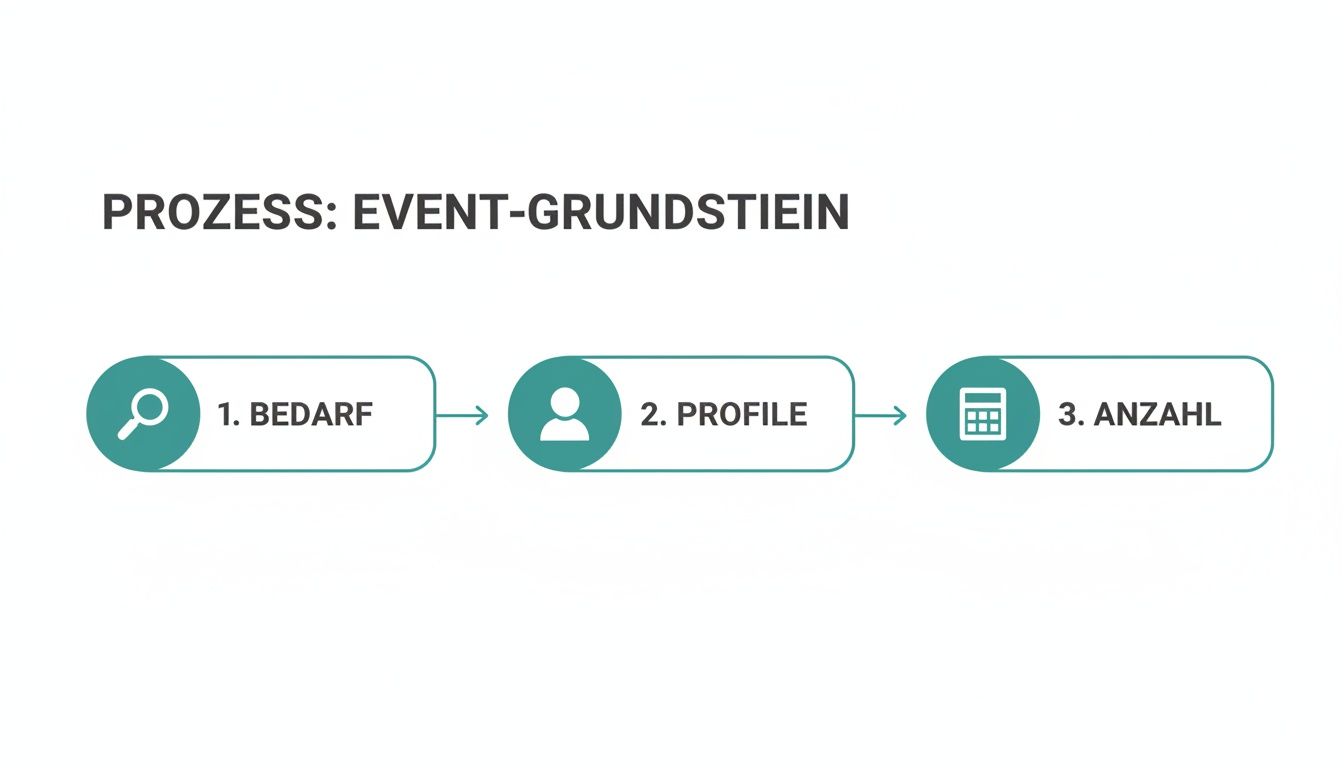 Prozessschritte für die Eventplanung: Bedarf, Profile und Anzahl der Teilnehmer ermitteln.