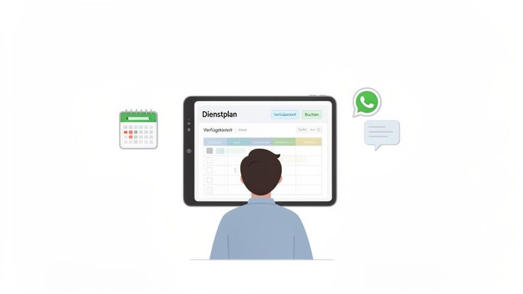 Person plant Verfügbarkeit und Dienstplan auf einem Tablet mit Kalender- und Kommunikationsfunktionen.