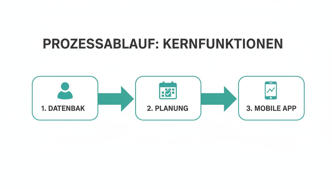 Prozessablauf der Kernfunktionen mit den Schritten Datenbank, Planung und mobiler App dargestellt.