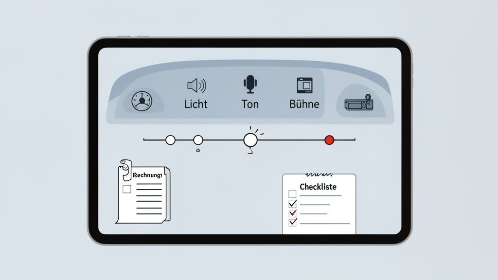 Ein Tablet zeigt eine Benutzeroberfläche zur Steuerung von Veranstaltungstechnik mit Licht-, Ton- und Bühnen-Optionen sowie Rechnungs- und Checklisten-Dokumenten.