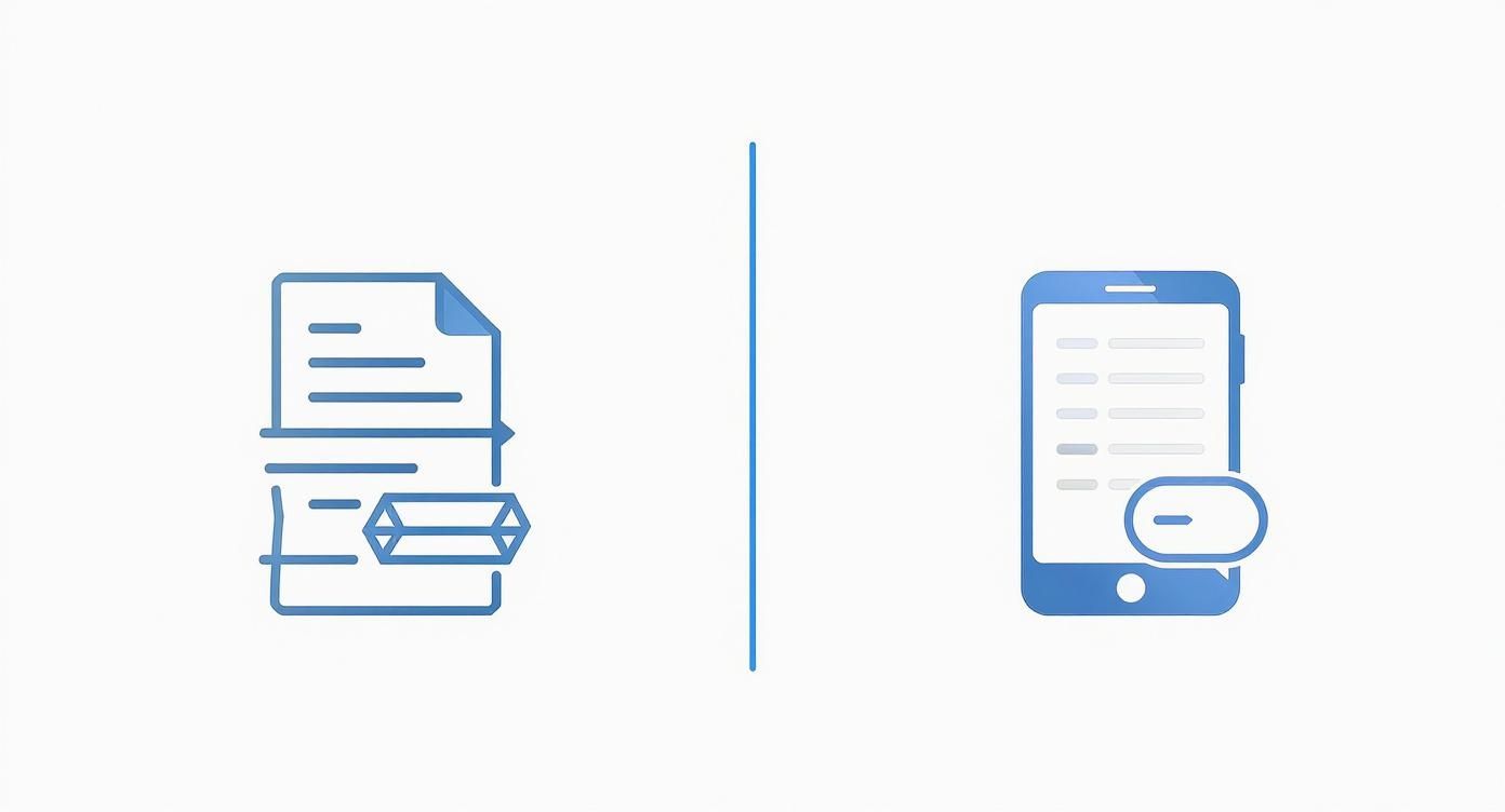 Blaue Symbole: Dokument mit Datenstruktur und Smartphone mit Chat-Nachricht für digitale Prozesse.