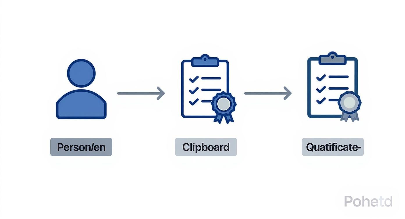 Prozessdarstellung von Person über Checkliste mit Auszeichnung bis zur Qualifikationsbestätigung für Eventpersonal