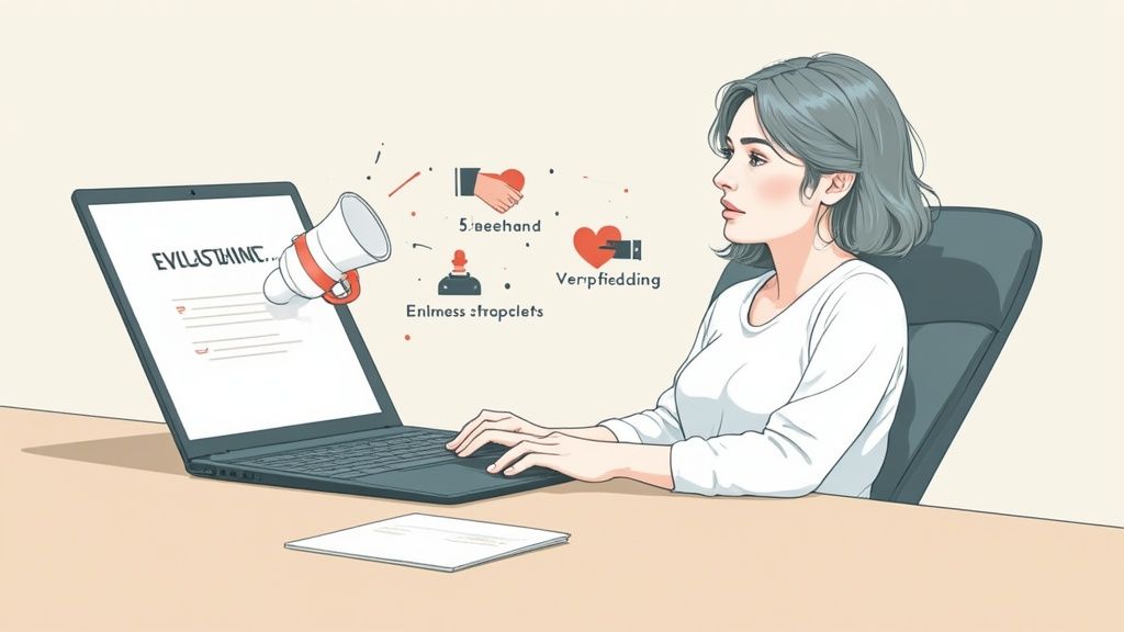 Eine Frau sitzt am Schreibtisch und arbeitet am Laptop, mit einem Megafon-Symbol auf dem Bildschirm.